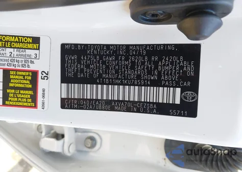 2019 Toyota Camry Se from USA, damaged, VIN 4T1B11HK1KU785914